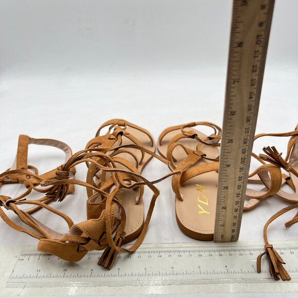 YDN Tan Sexy Knee High Lace up Flats Fringe Low Heel Gladiator Strap Sandals - Picture 5 of 8